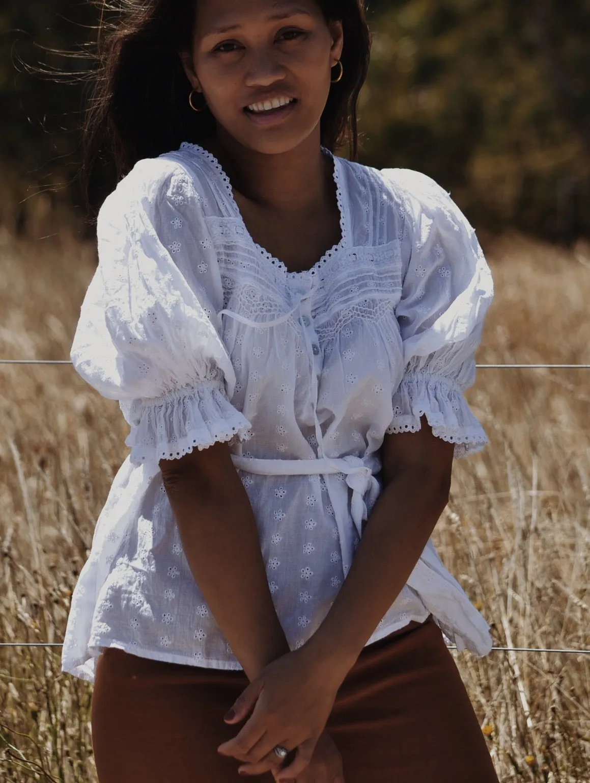 100% RECYCLED COTTON - MORNING SONG HAND SMOCKED BLOUSE WHITE