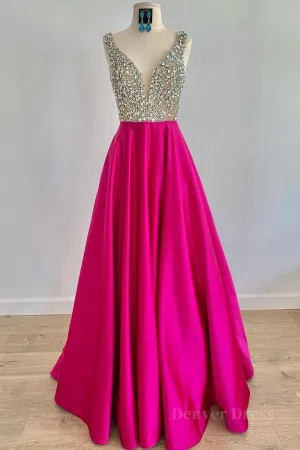 A Line V Neck Beaded Fuchsia Long Prom Dress V Neck Fuchsia Formal Dress Beaded Fuchsia Evening Dress