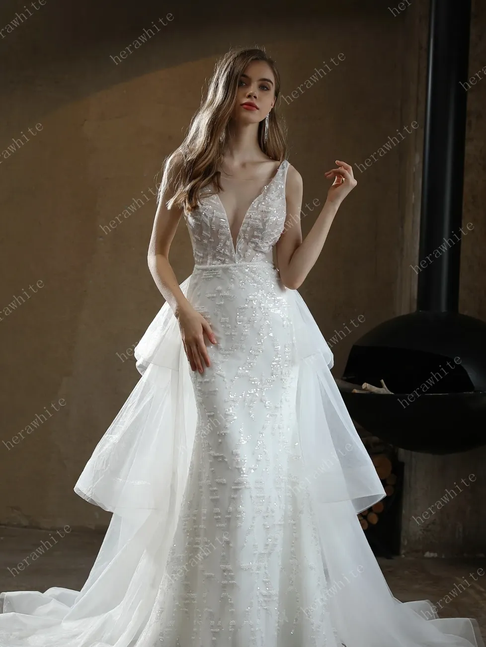 Allover Beaded Sheath Wedding Dress with a Ruffled Skirt