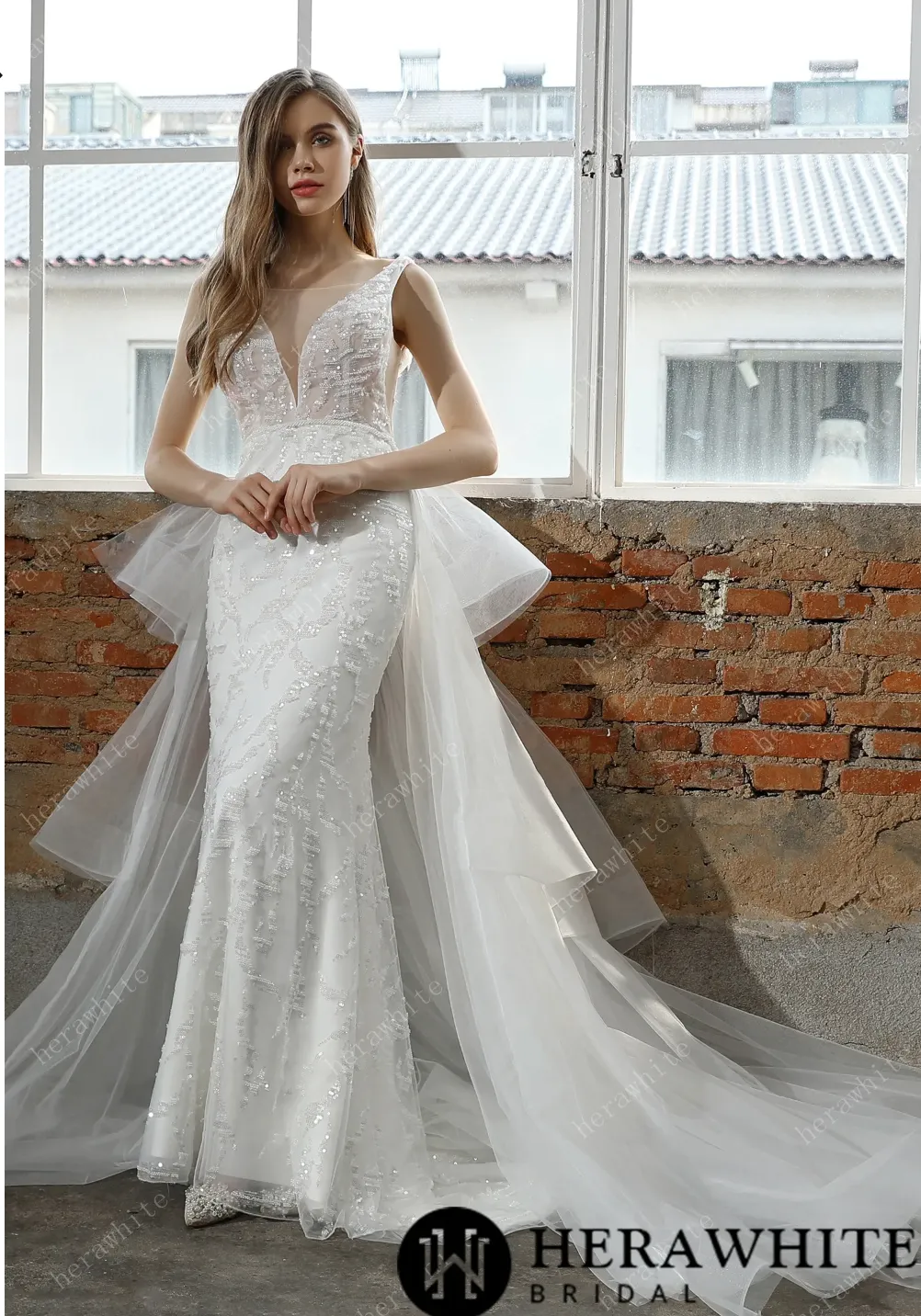 Allover Beaded Sheath Wedding Dress with a Ruffled Skirt