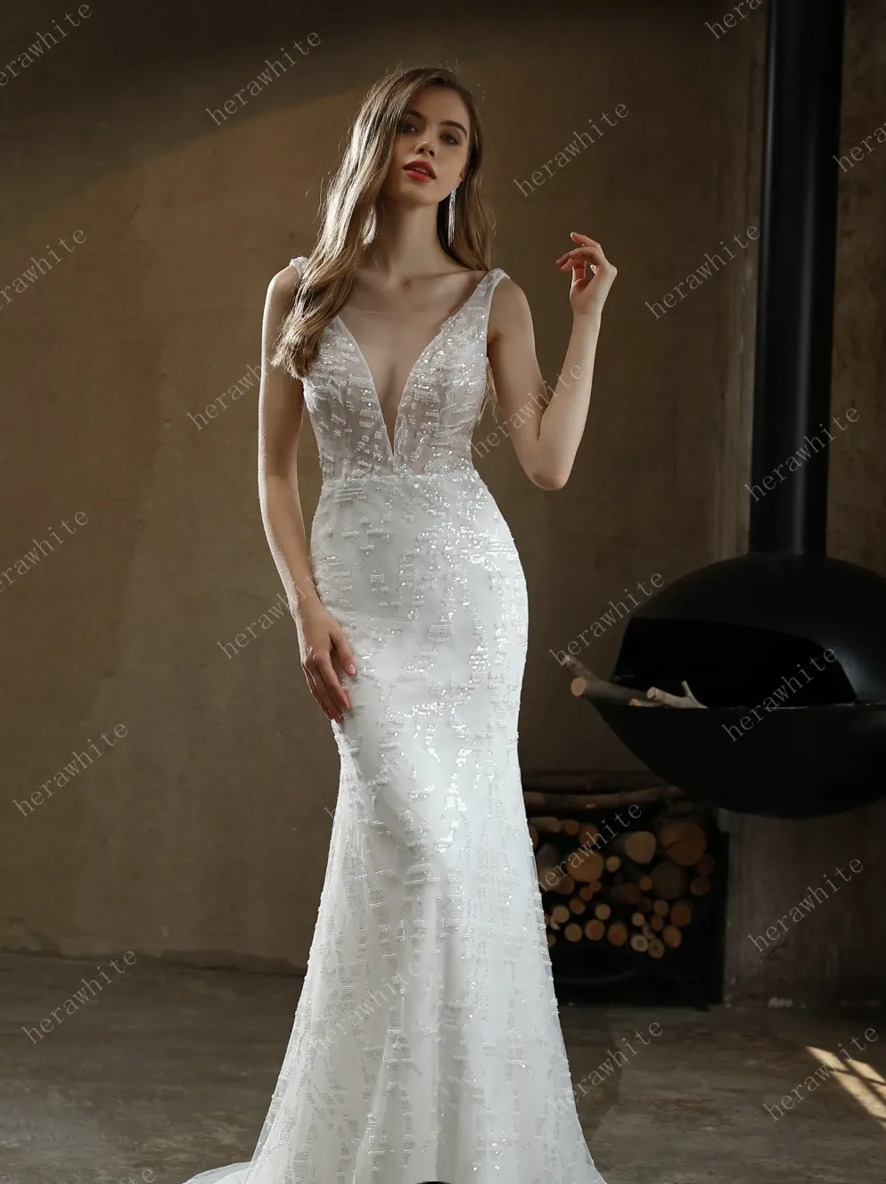 Allover Beaded Sheath Wedding Dress with a Ruffled Skirt