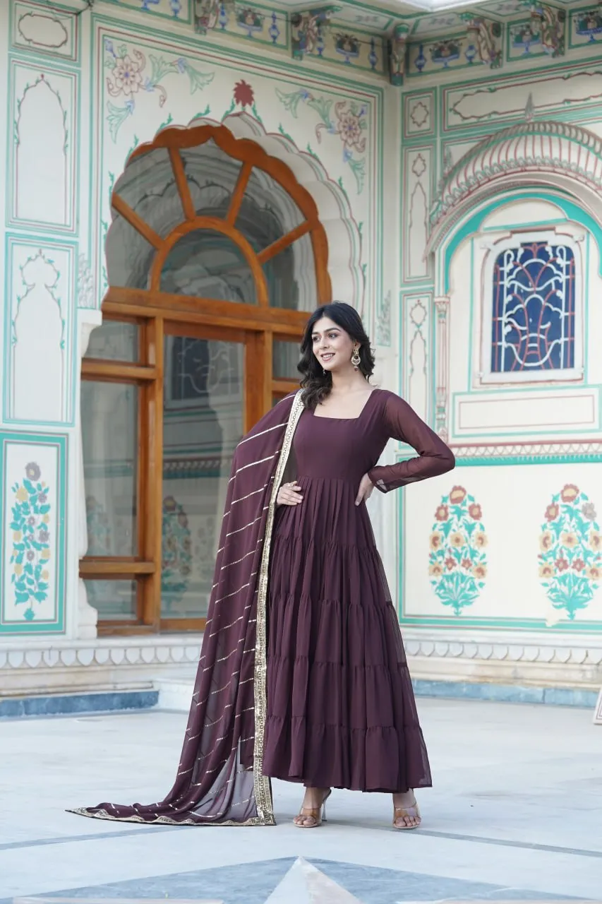 Alluring Brown Faux Georgette Gown with Sequined Dupatta