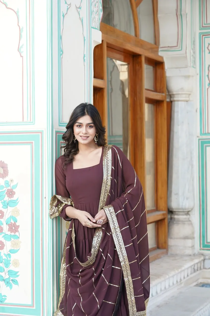 Alluring Brown Faux Georgette Gown with Sequined Dupatta