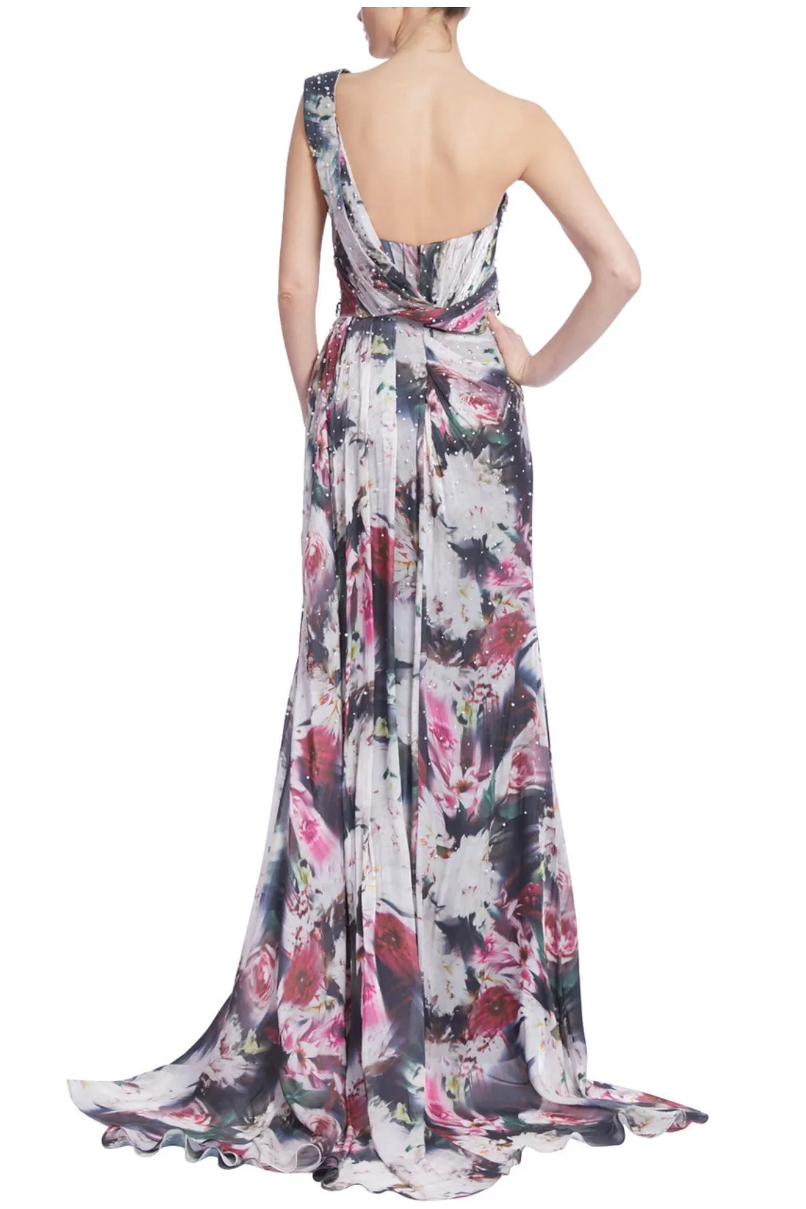 Badgley Mischka Beaded Floral One-Shoulder Front Slit Gown - Wholesale