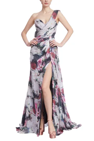 Badgley Mischka Beaded Floral One-Shoulder Front Slit Gown - Wholesale