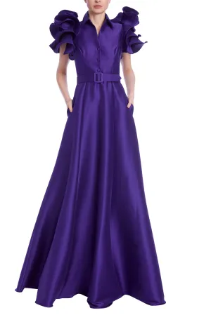 Badgley Mischka Mikado Ruffle-Sleeve Gown with Belted Full Skirt - Wholesale