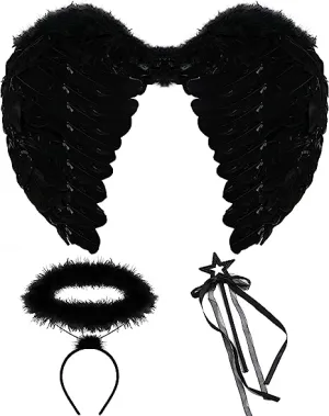 Black Angel Wings & Halo Headband with Wand - Child