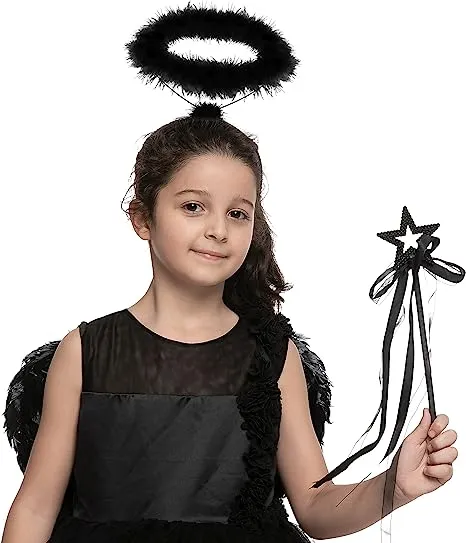 Black Angel Wings & Halo Headband with Wand - Child