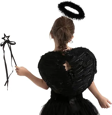 Black Angel Wings & Halo Headband with Wand - Child