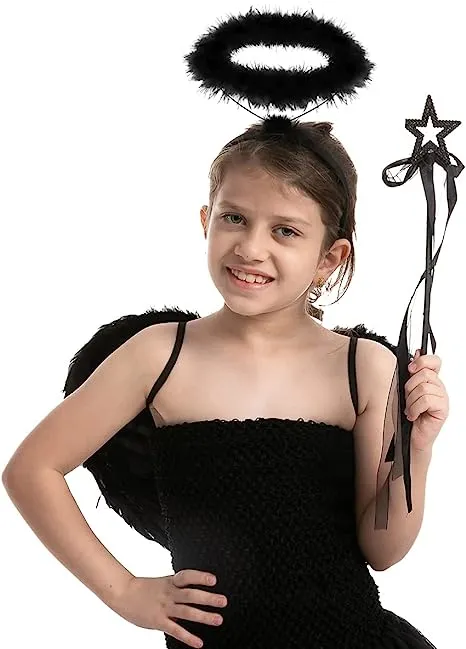 Black Angel Wings & Halo Headband with Wand - Child