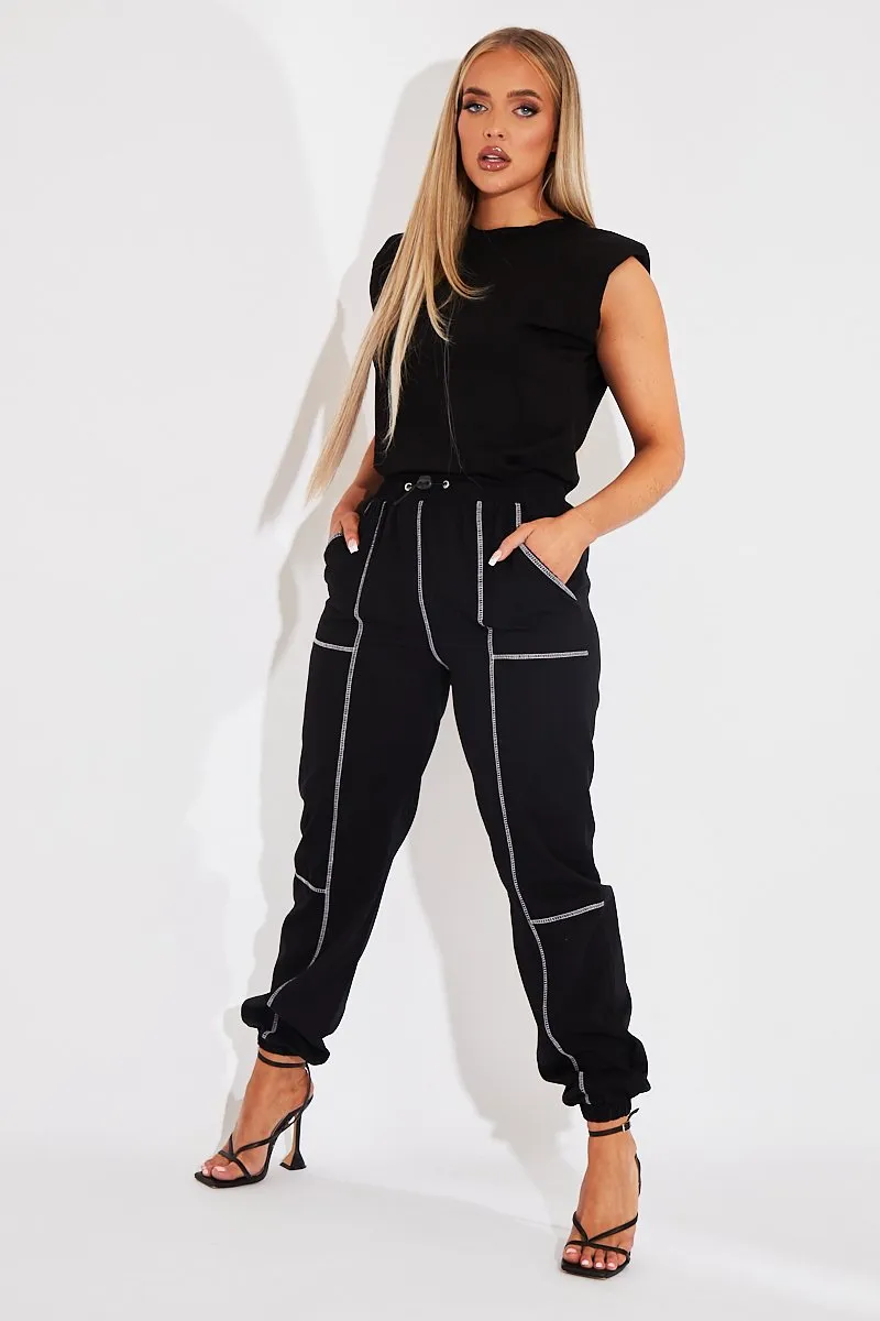 Black Contrast Stitch Cargo Trousers - Britanny