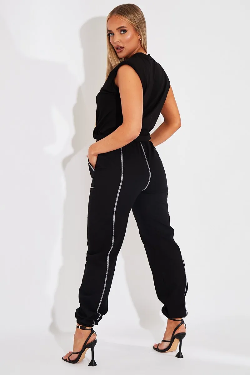 Black Contrast Stitch Cargo Trousers - Britanny