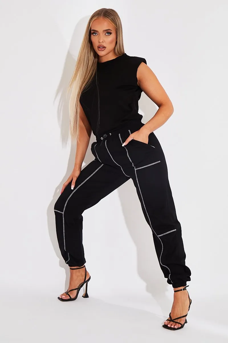 Black Contrast Stitch Cargo Trousers - Britanny