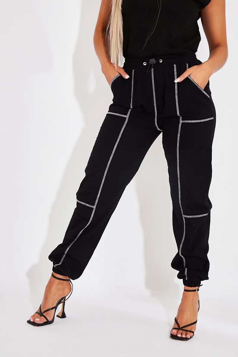 Black Contrast Stitch Cargo Trousers - Britanny