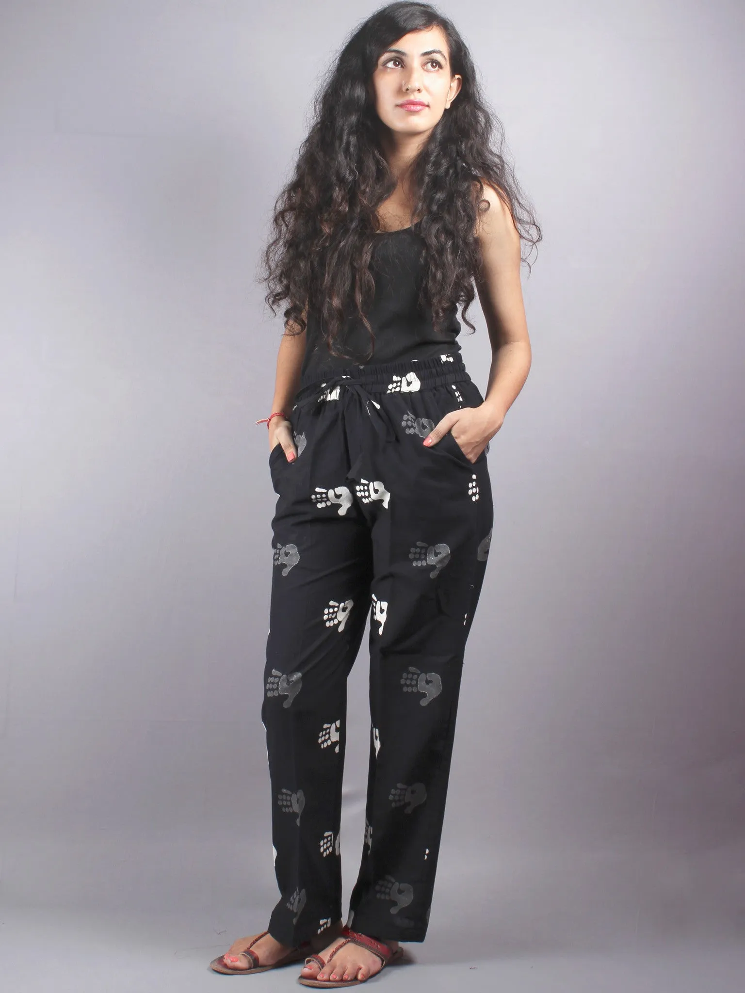 Black Hand Block Printed Elasticated Waist Trousers- T0317013