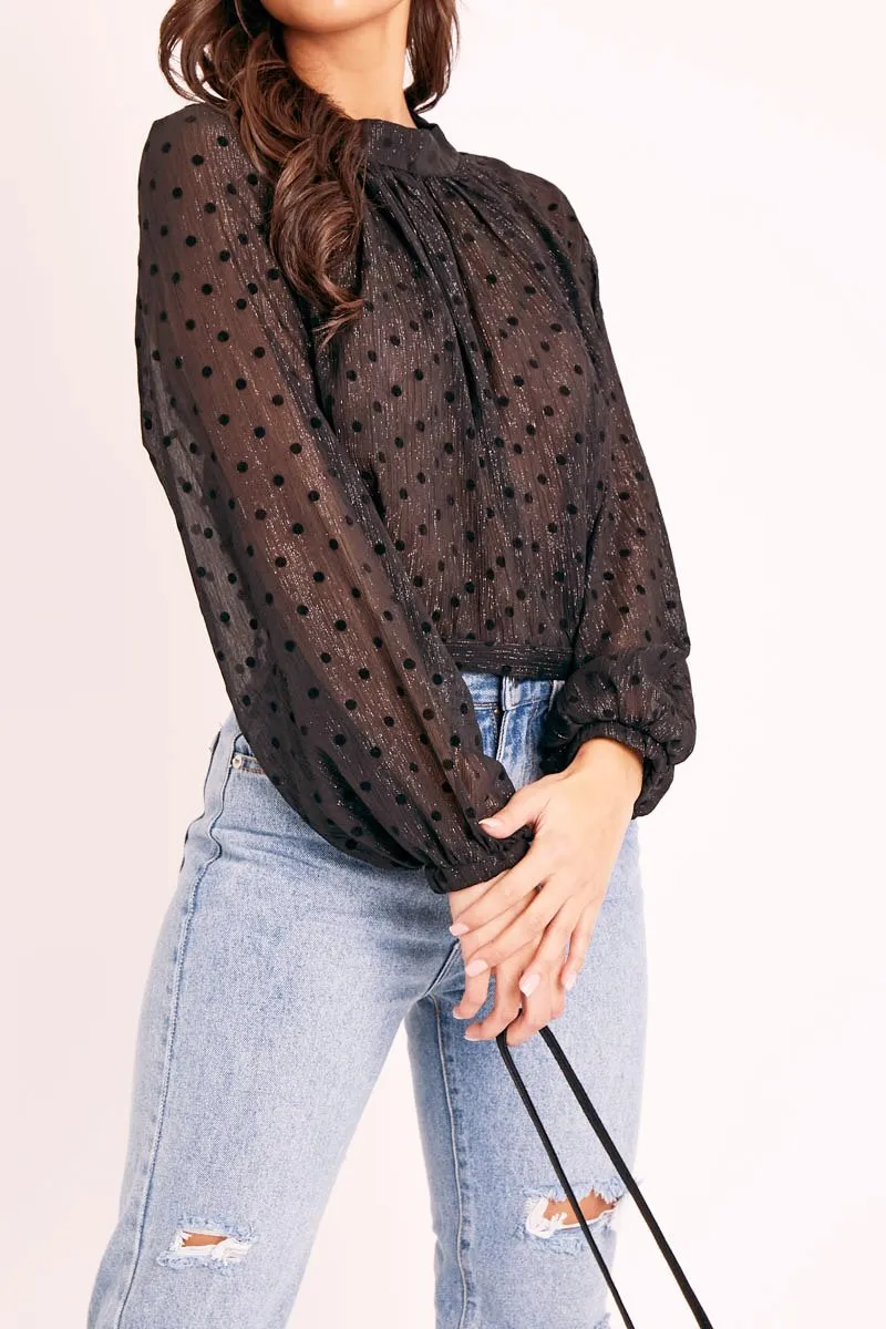 Black Metallic Polka Pleated Front Blouse - Cabella