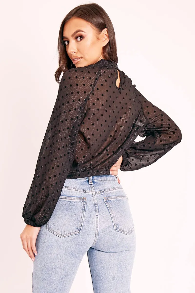 Black Metallic Polka Pleated Front Blouse - Cabella