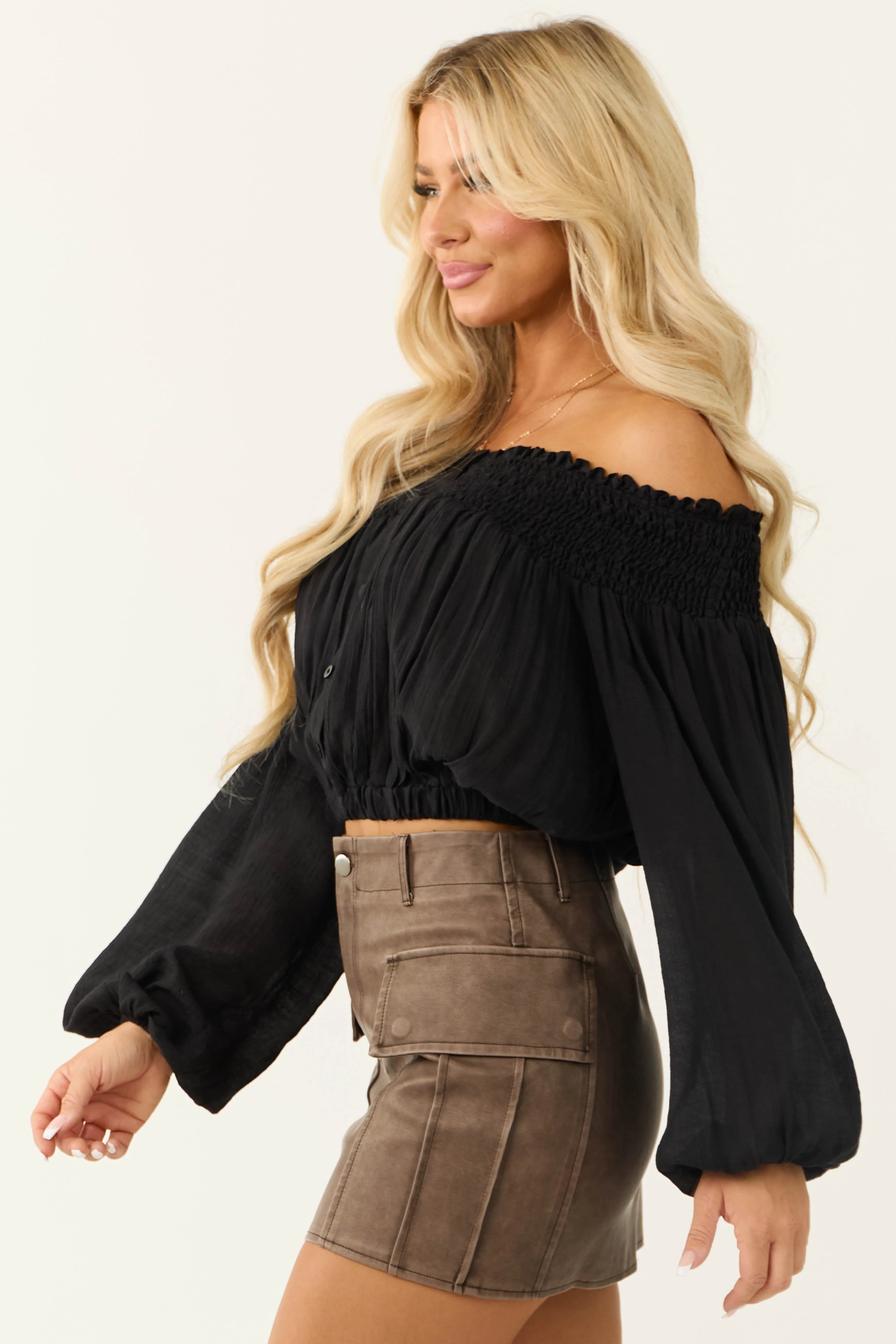 Black Off Shoulder Smocked Cropped Blouse