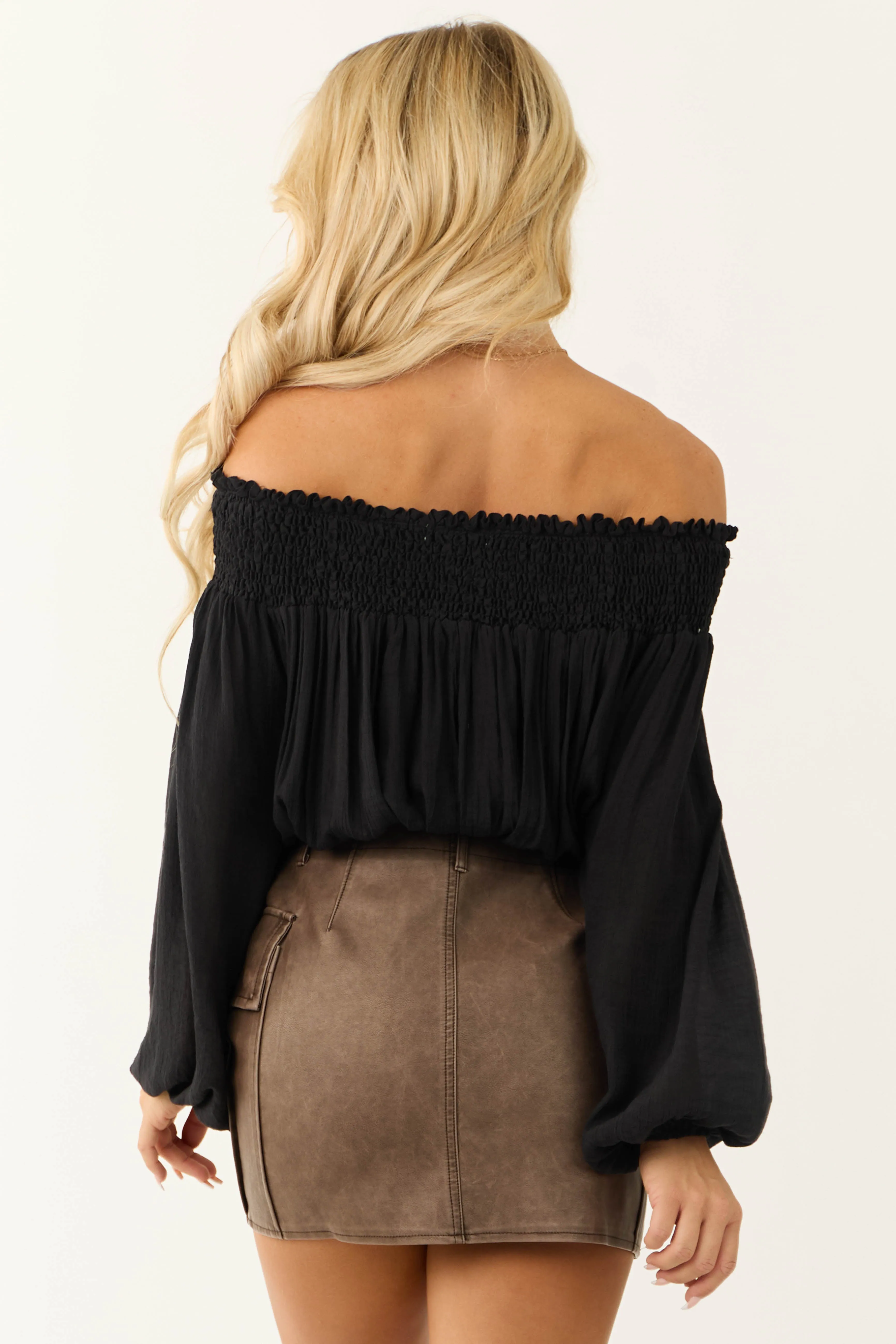 Black Off Shoulder Smocked Cropped Blouse