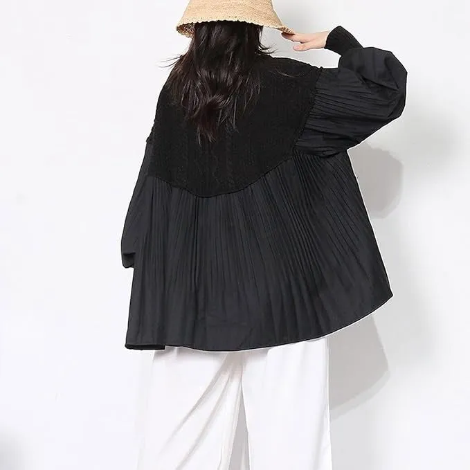 Black Pleated Patchwork Casual Blouse