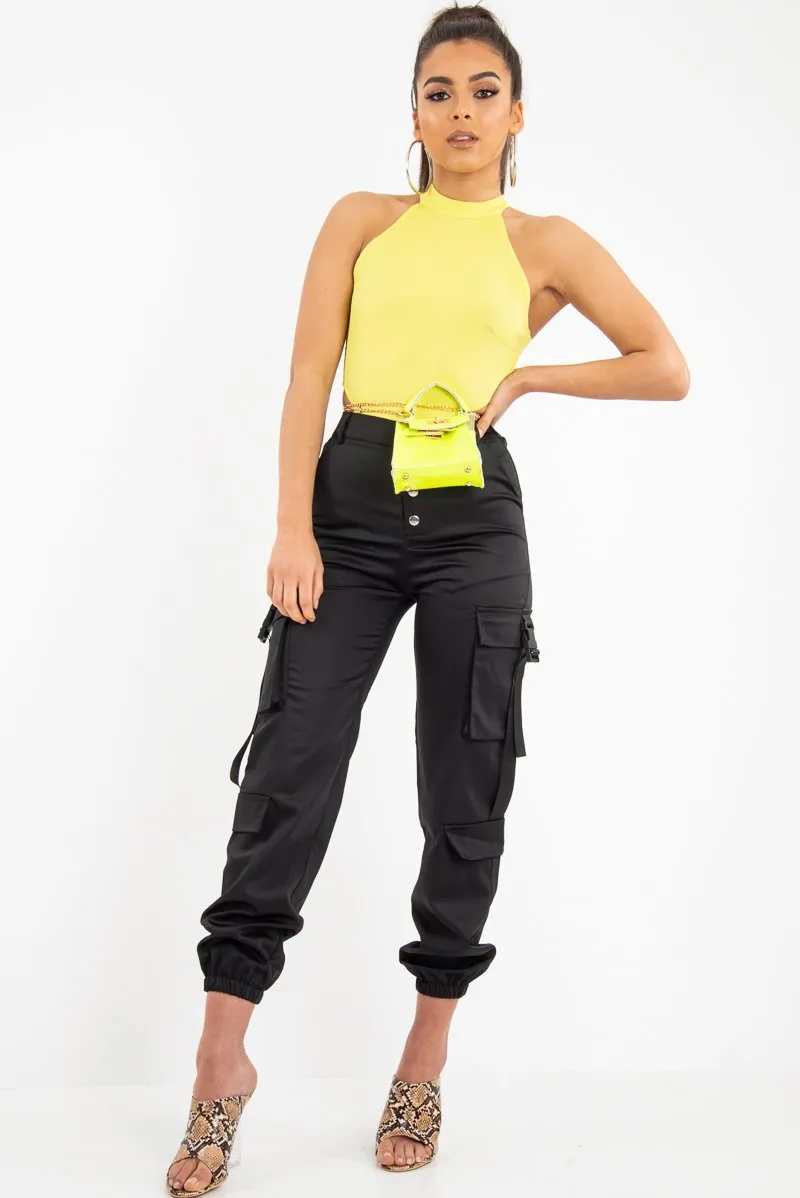 Black Popper Front Buckle Detail Cargo Trousers - Gabriella