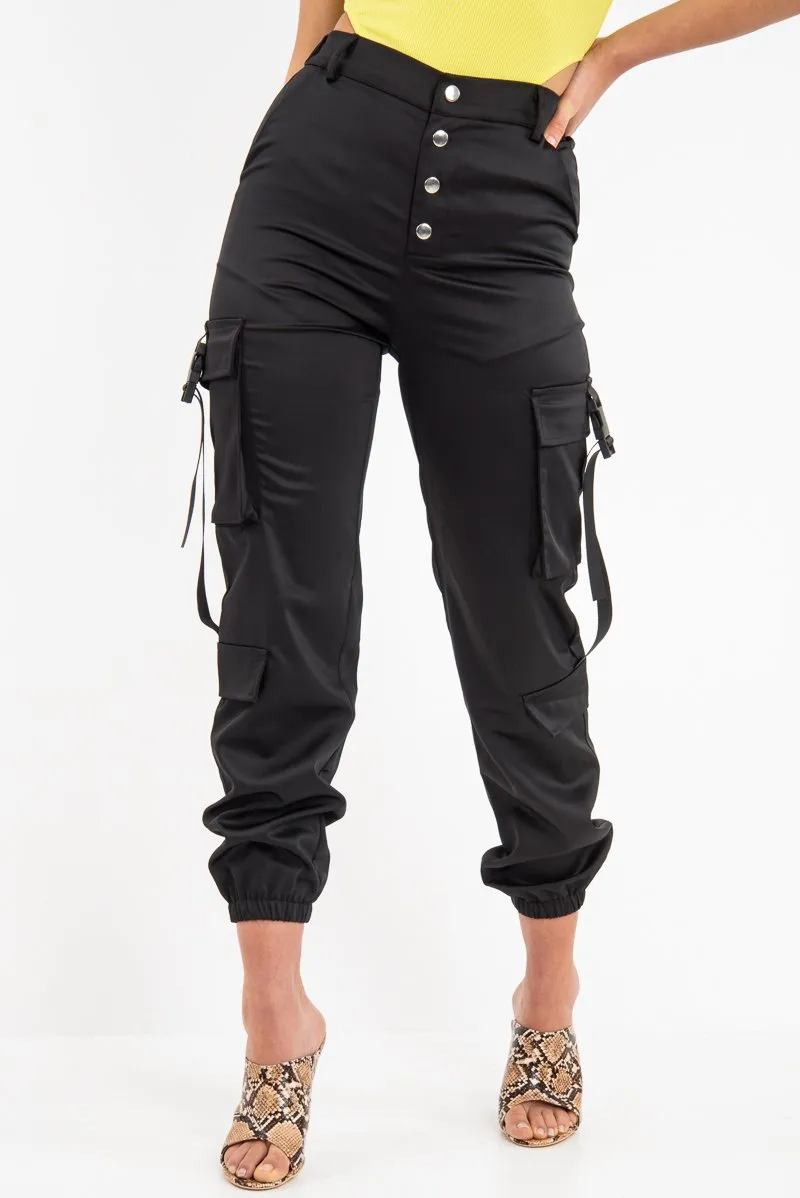 Black Popper Front Buckle Detail Cargo Trousers - Gabriella