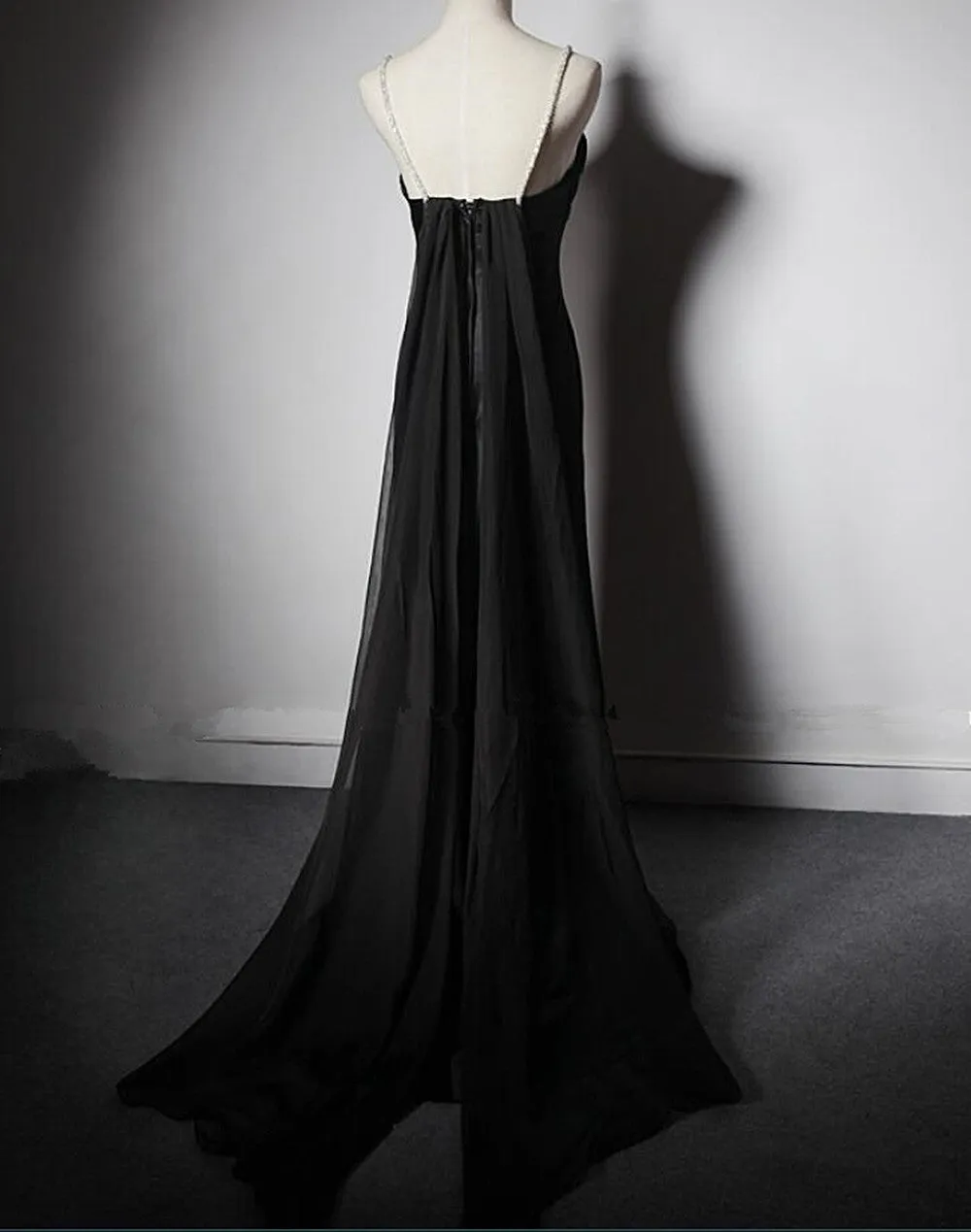 Black Soft Satin A-Line Floor Length Prom Dress Black Straps Long Evening Dress