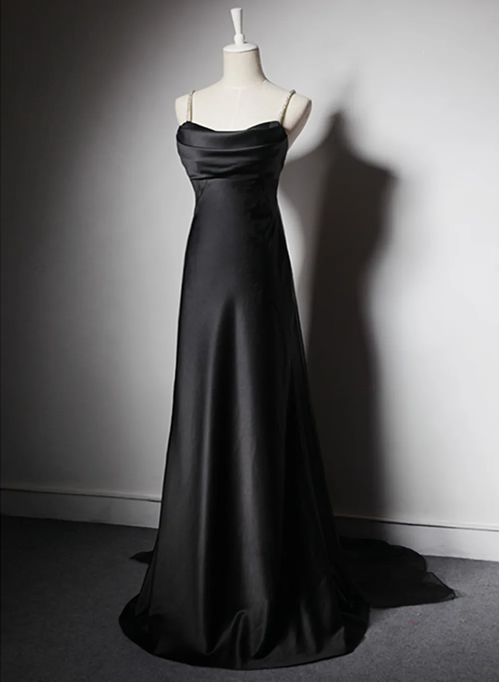 Black Soft Satin A-Line Floor Length Prom Dress Black Straps Long Evening Dress