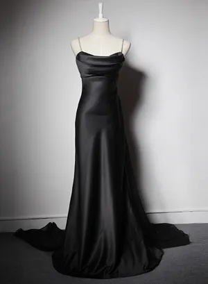 Black Soft Satin A-Line Floor Length Prom Dress Black Straps Long Evening Dress