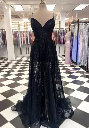 Black Tulle Lace Long Prom Dress Black Evening Dress