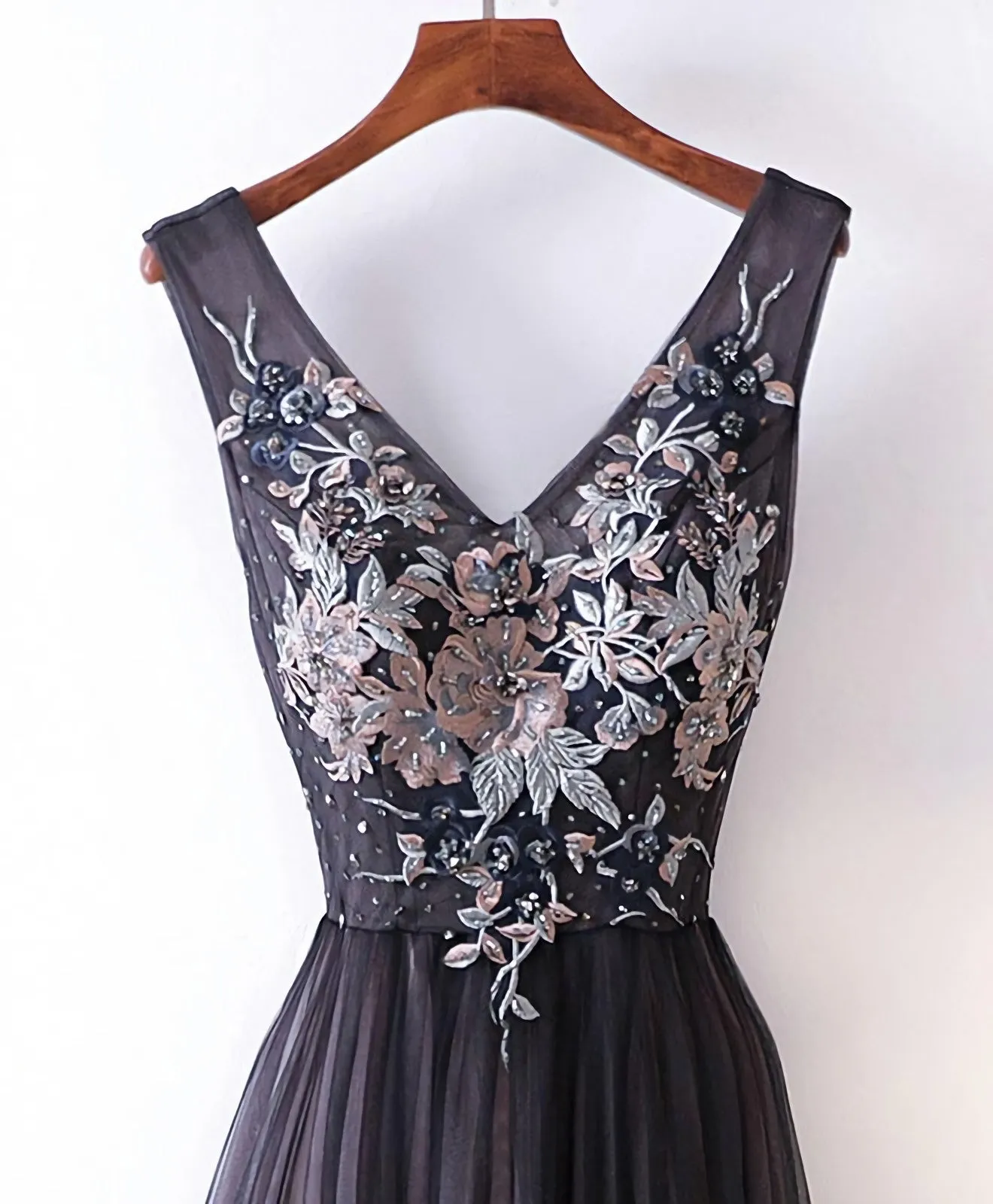 Black V Neck Lace Applique Tulle Long Prom Dress, Black Evening Dress