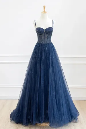 Blue Tulle Beaded Long Prom Dress Formal Dress, Blue Evening Dress