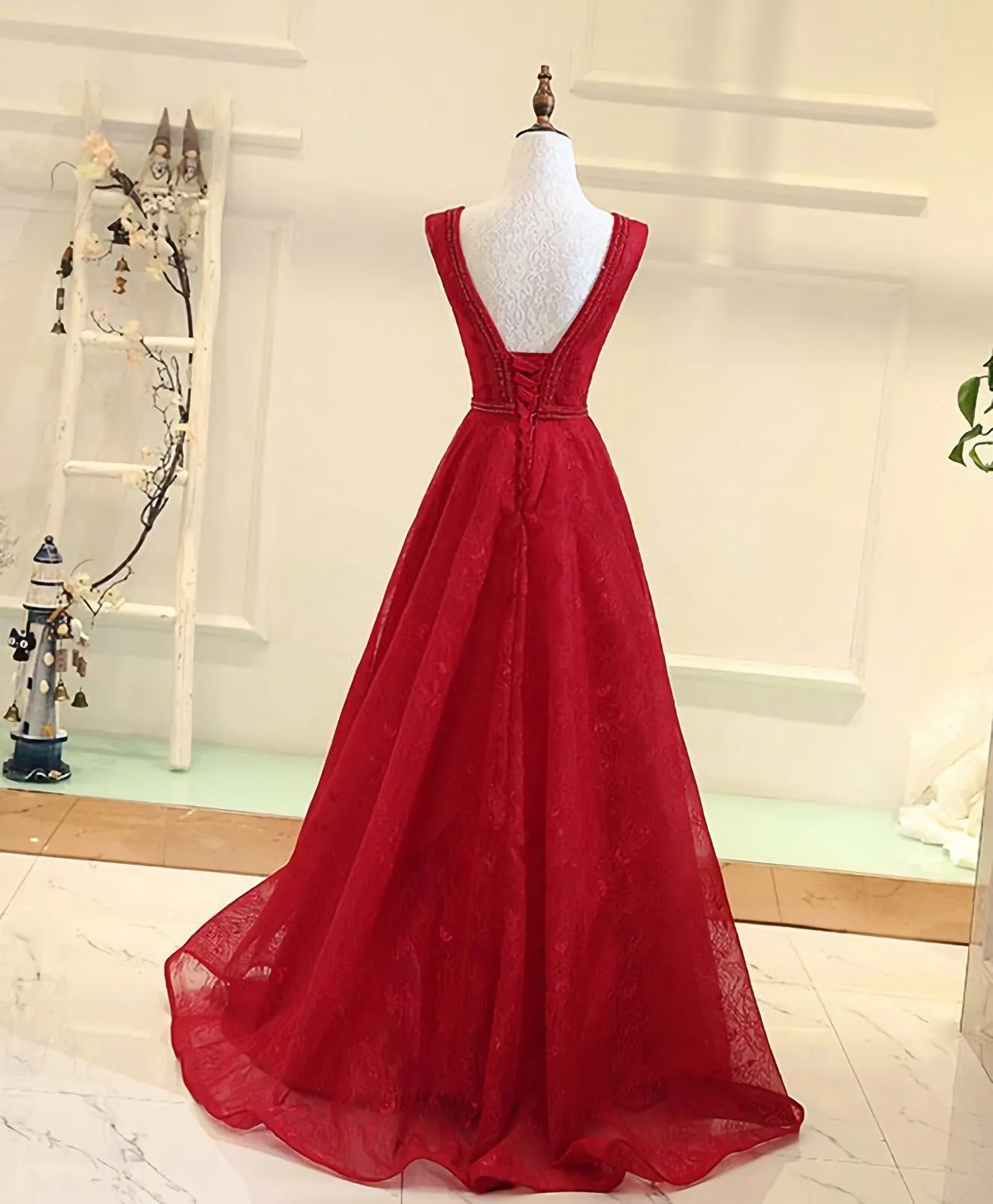 Burgundy V Neck Lace Long Prom Gown Burgundy Evening Dress