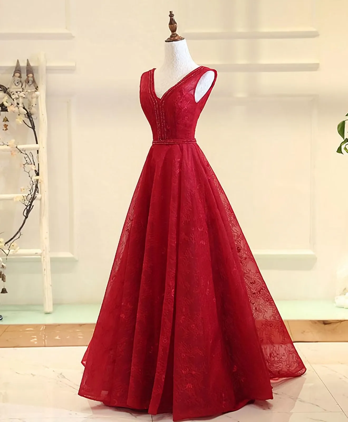 Burgundy V Neck Lace Long Prom Gown Burgundy Evening Dress