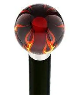 Burst of Flames Red Transparent Round Knob Cane w/ Custom Wood Shaft & Collar