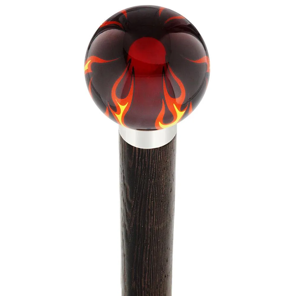 Burst of Flames Red Transparent Round Knob Cane w/ Custom Wood Shaft & Collar