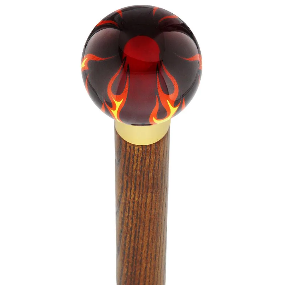 Burst of Flames Red Transparent Round Knob Cane w/ Custom Wood Shaft & Collar