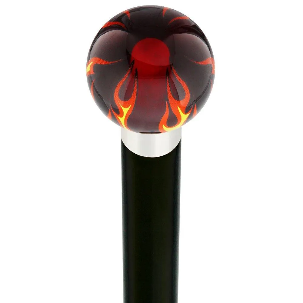 Burst of Flames Red Transparent Round Knob Cane w/ Custom Wood Shaft & Collar