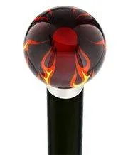 Burst of Flames Red Transparent Round Knob Cane w/ Custom Wood Shaft & Collar