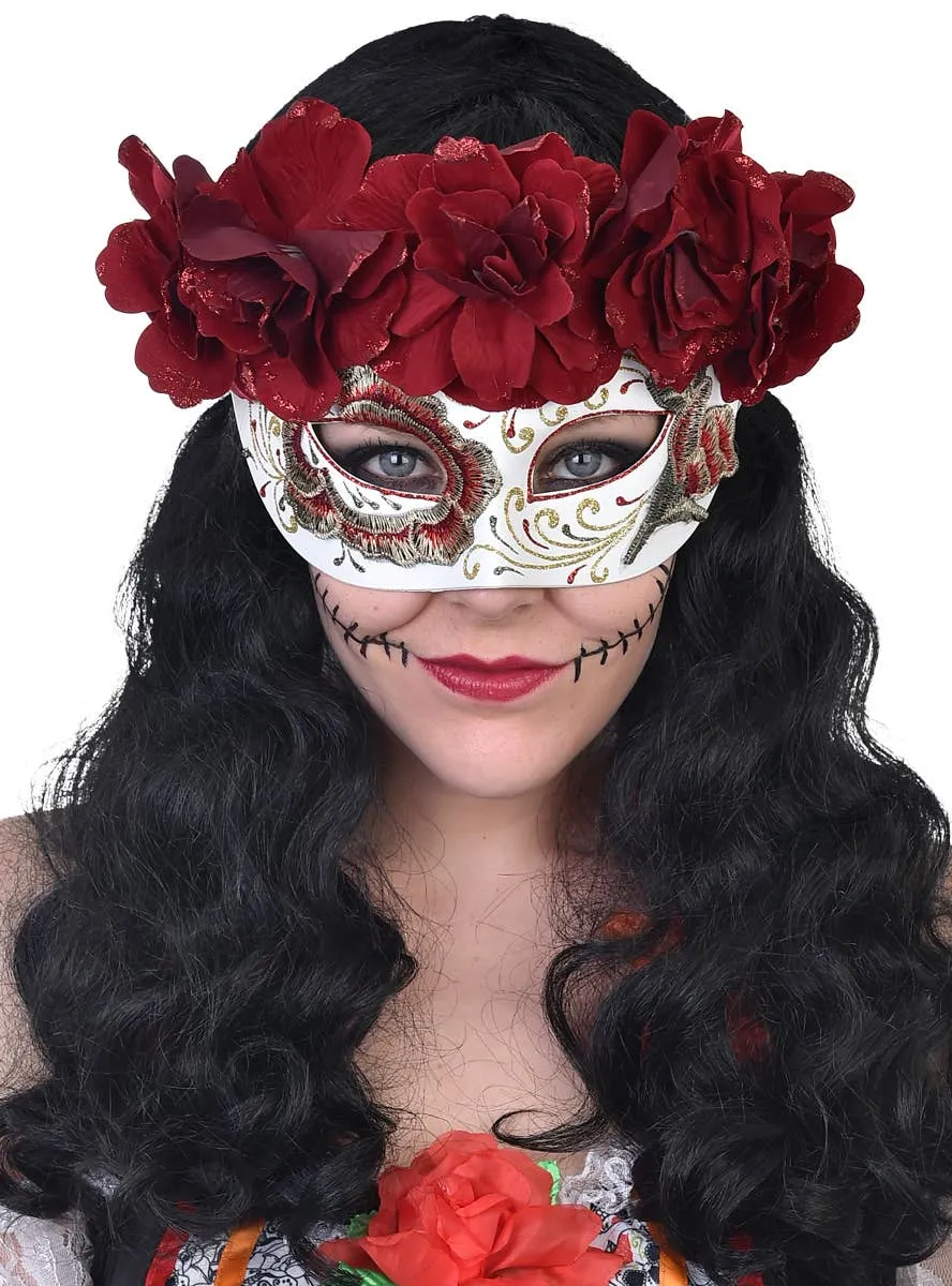 Catrina Red Rose and Embroidery Womens Masquerade Mask