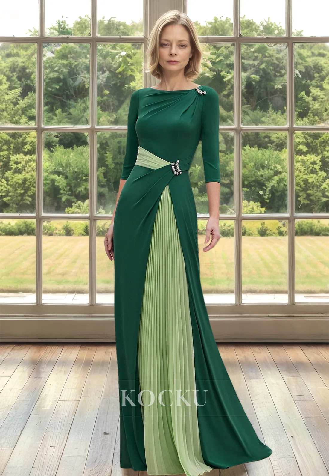 Classic&Timeless Scoop Neck Three Quarter Sleeves Sheath Cocktail Dress Pleats Satin Mother of Bride with Beads