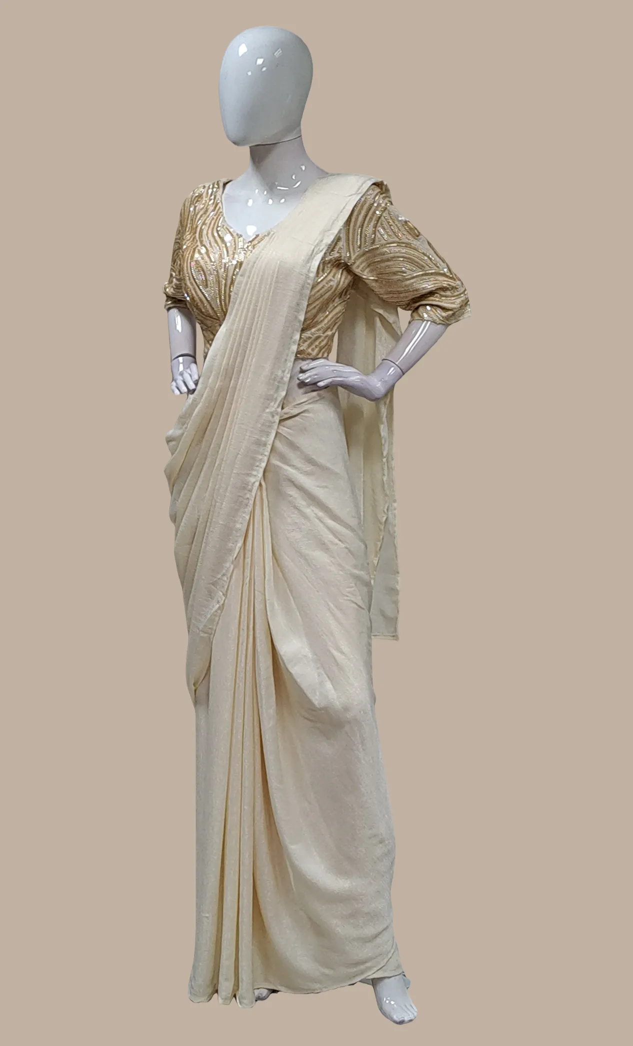 Cream Ready Sari With Ready Made Blouse