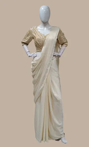 Cream Ready Sari With Ready Made Blouse