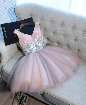 Cute Pink V Neck Tulle Seqsuins Short Prom Dress, Cocktail Dress