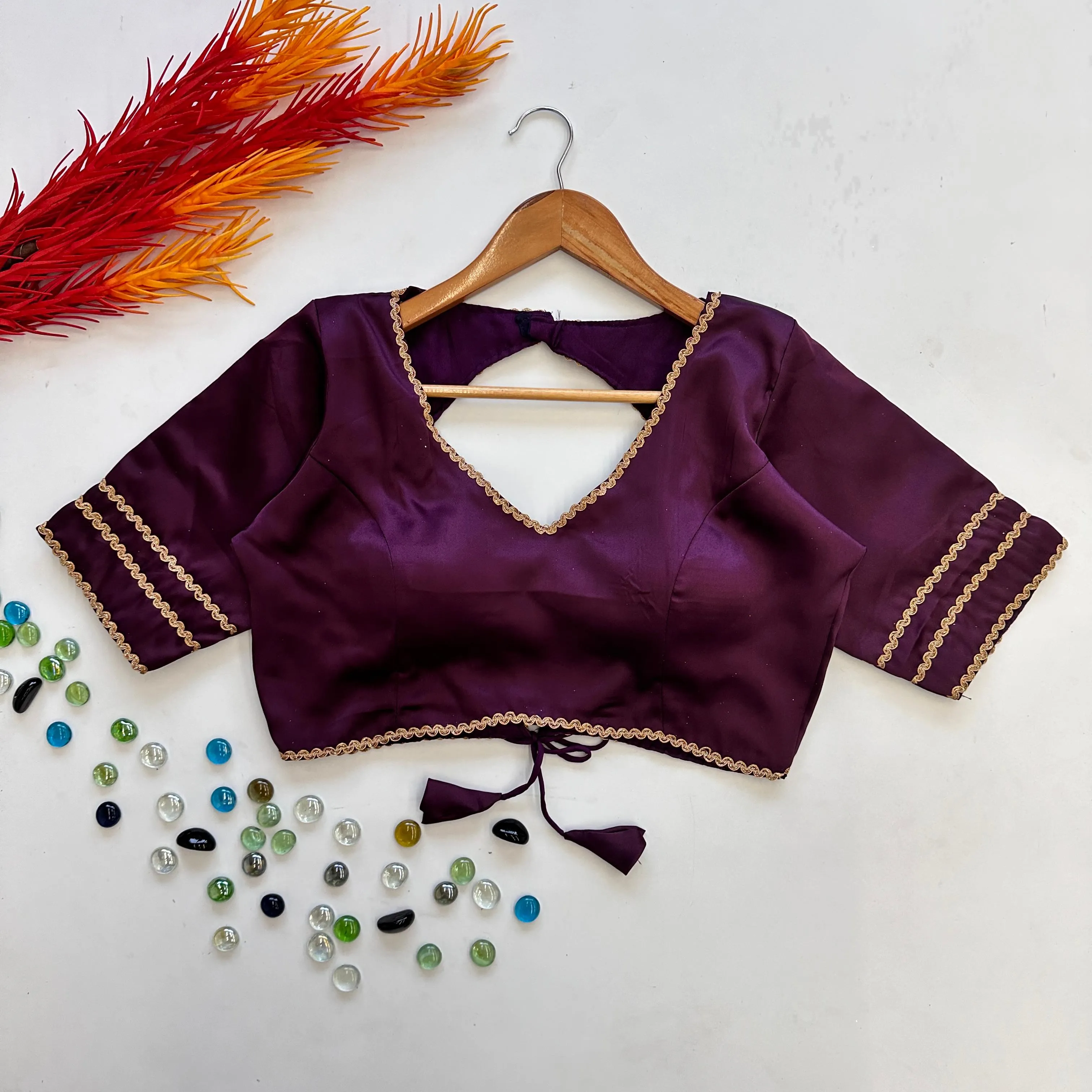 Dark Purple Manali Silk Blouse with Beautiful Sequin Lace Work