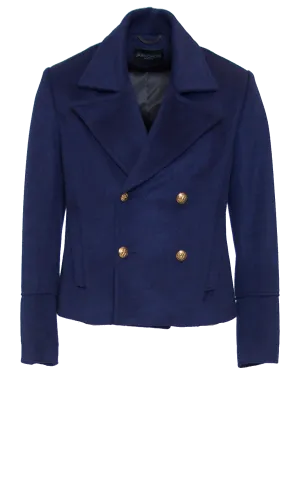 DEEP NAVY FITTED 6X6 BUTTON DOUBLE BREASTED WOOL SHORT PEACOAT W/ GOLD HARDWARE