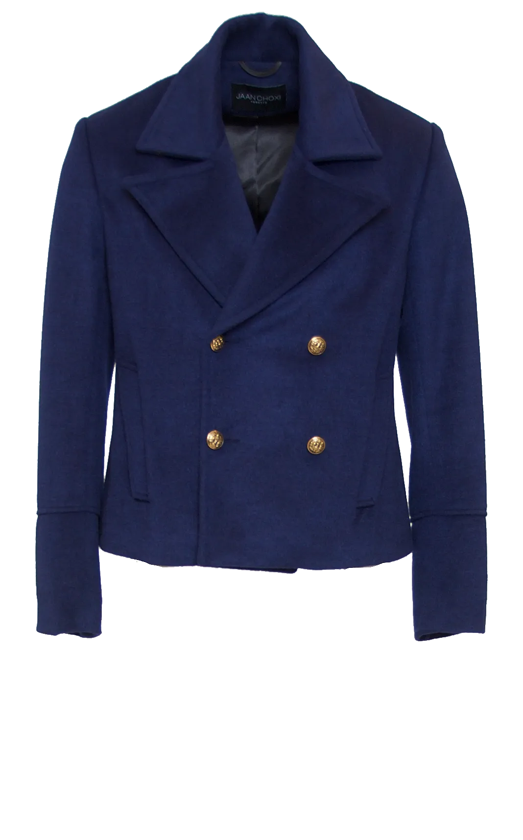 DEEP NAVY FITTED 6X6 BUTTON DOUBLE BREASTED WOOL SHORT PEACOAT W/ GOLD HARDWARE