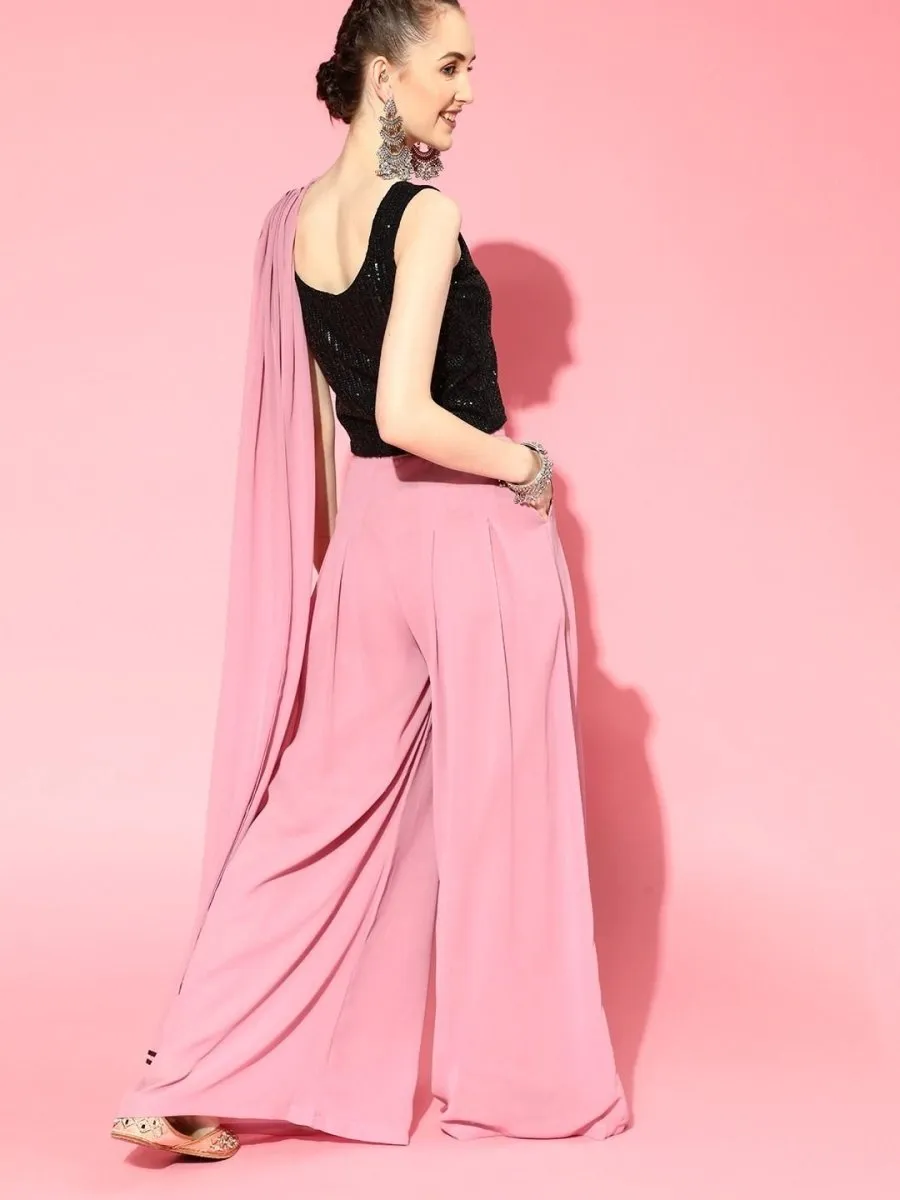 Dirty Pink Pleated Palazzo Saree with Sequinned Ready to Wear Stretchable Blouse