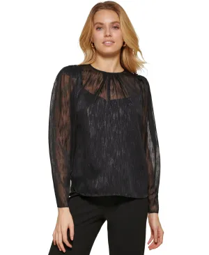 DKNY Women's Metallic Long Sleeve Blouse Black Size X-Large