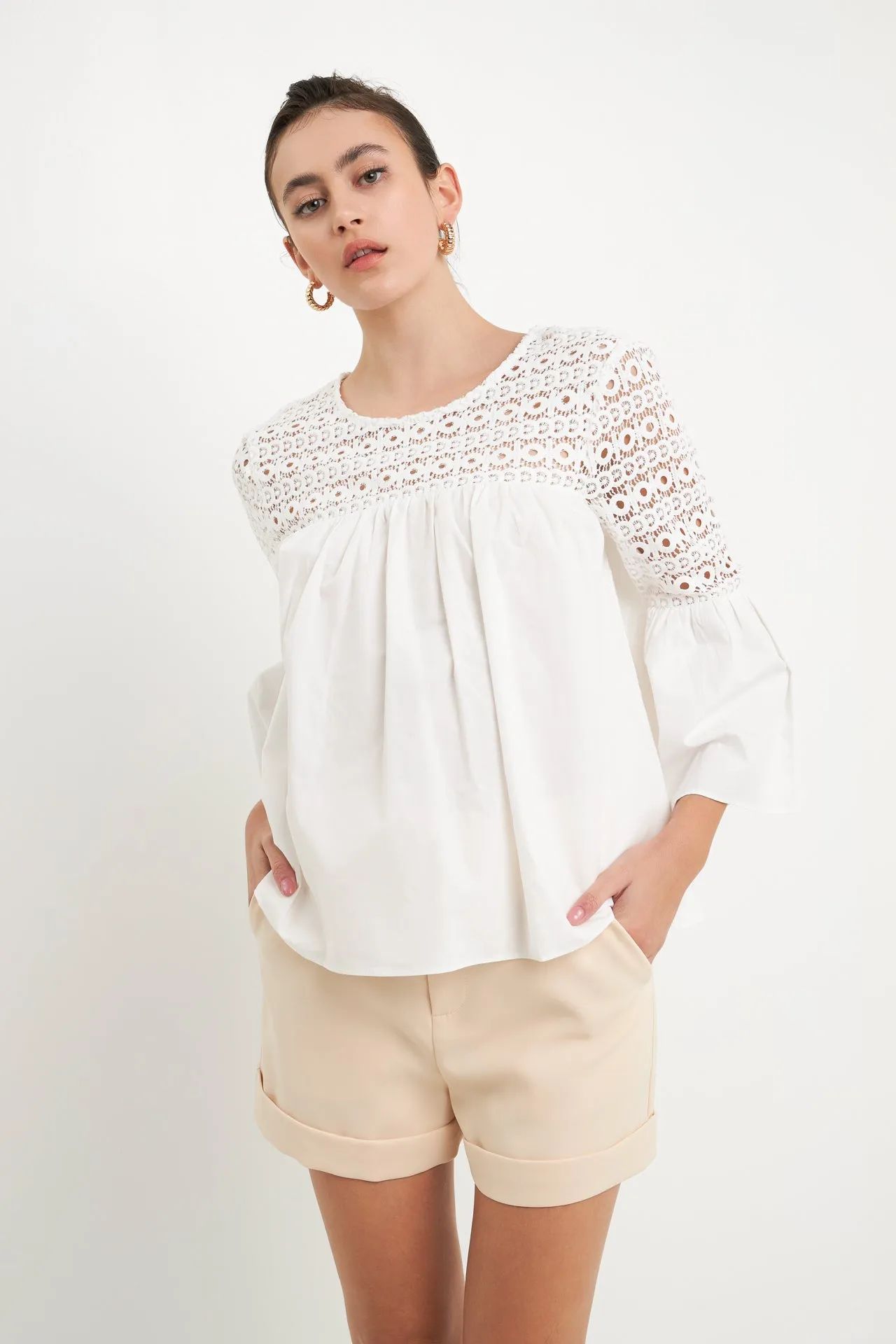 Endless Rose - Lace with Poplin Bell Sleeve Blouse